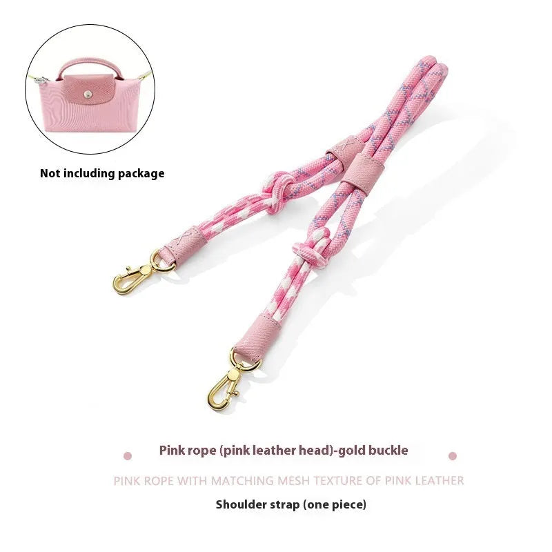 Braided nylon rope shoulder strap with cowhide leather accents and an alloy buckle.