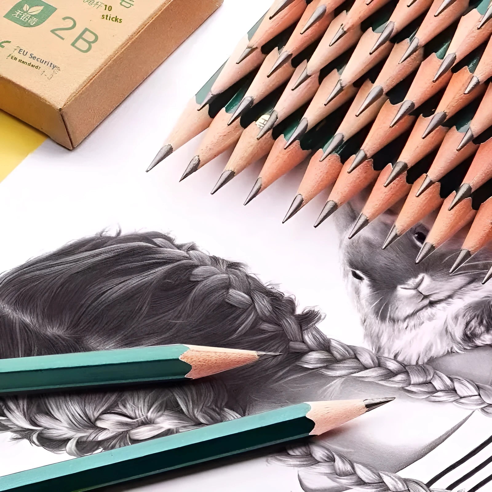Green hexagonal sketching pencils in HB and 2B grades, boxed set of 10