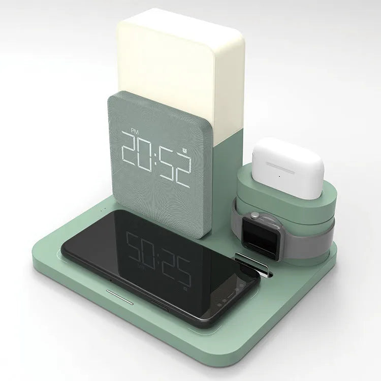 Digital LED alarm clock with night light and magnetic wireless charger in black casing