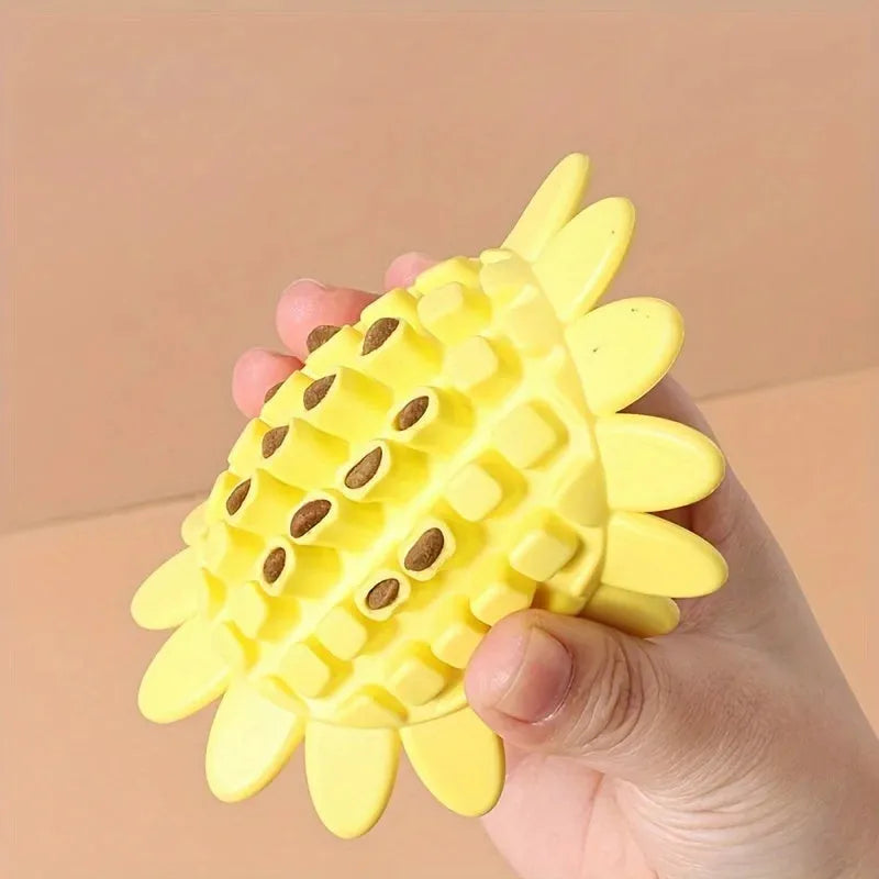 Yellow rubber sunflower dog chew toy for small dogs and puppies, 7.5cm diameter