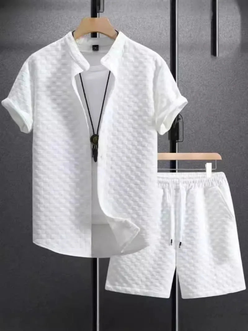 Short sleeve jacquard suit set with shorts in solid colour on a hanger
