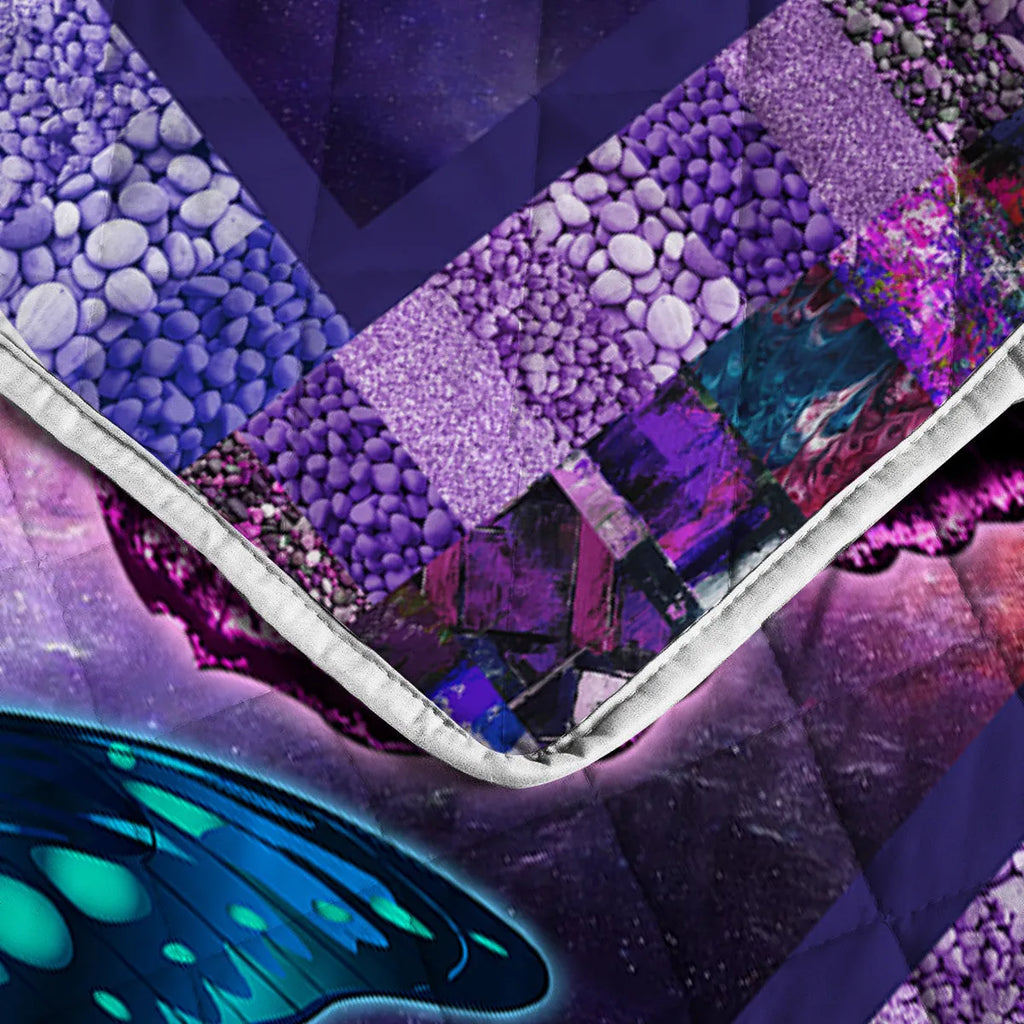 Purple butterfly pet themed microfiber polyester quilt set with matching pillowcases on bed