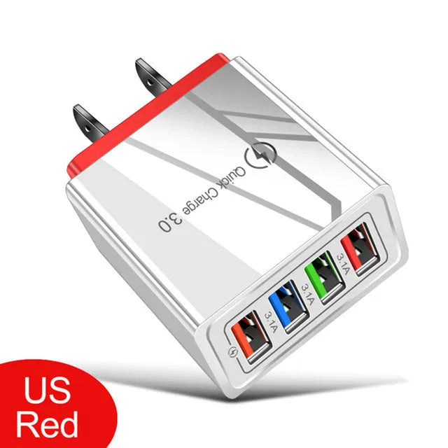 Intelligent 3A mobile phone charging head with luminous indicators showing four USB ports