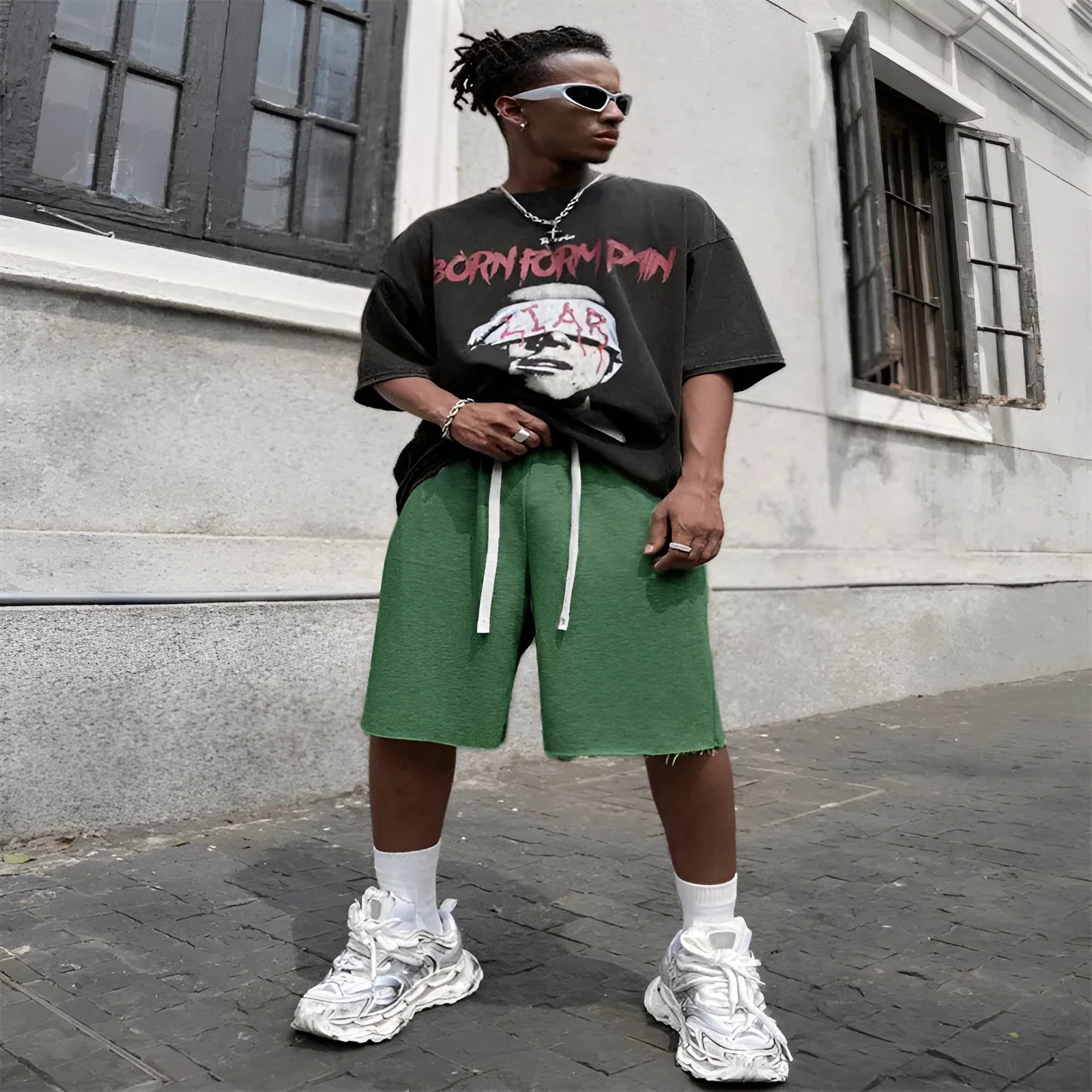 Men's straight-leg hip-hop trousers in polyester available in black, light grey or green colours