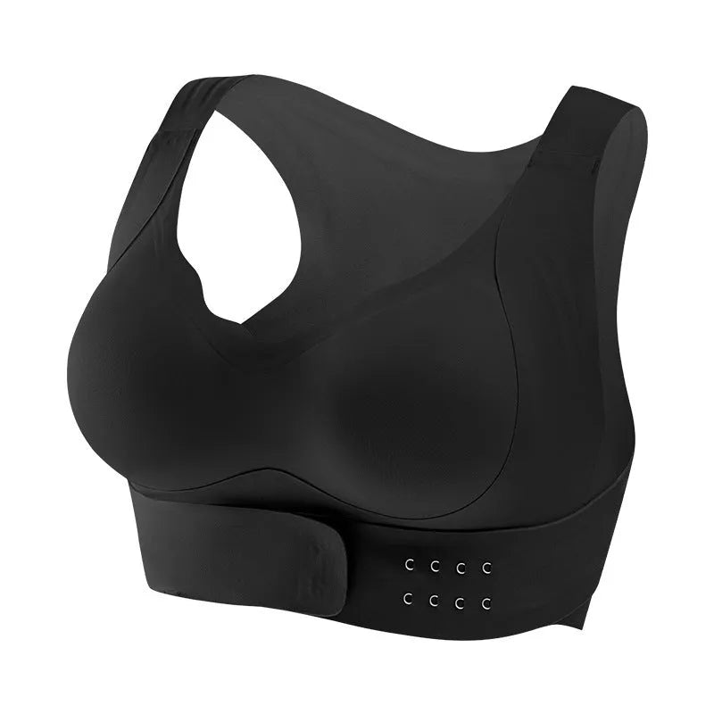 Front buckle closure sports bra for women in black, white and nude colours with back shaping design.
