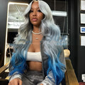 Grey and blue gradient human hair topper in Ruili style on a model, showing length options.
