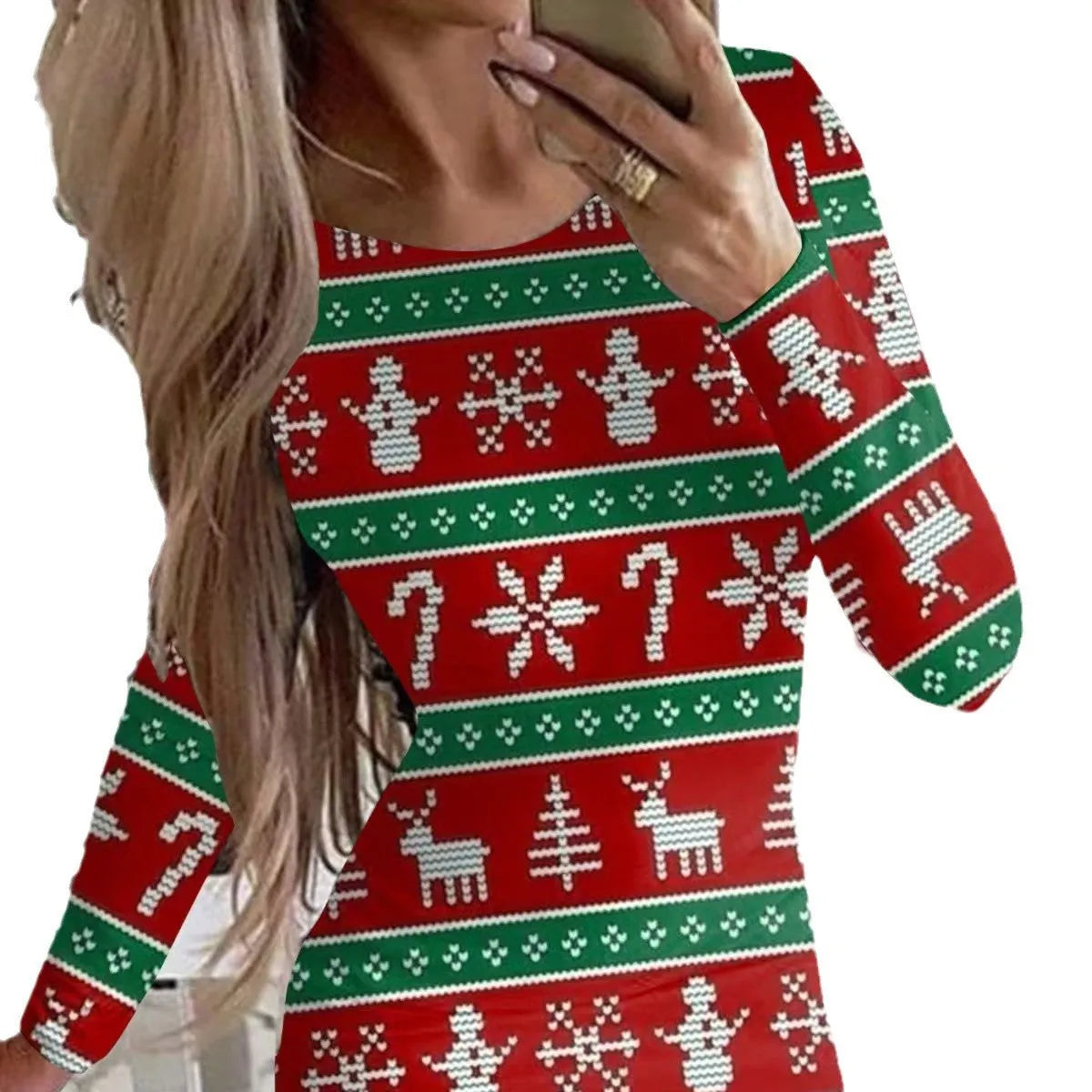 Christmas printed narrow dress with animal pattern design and round neckline