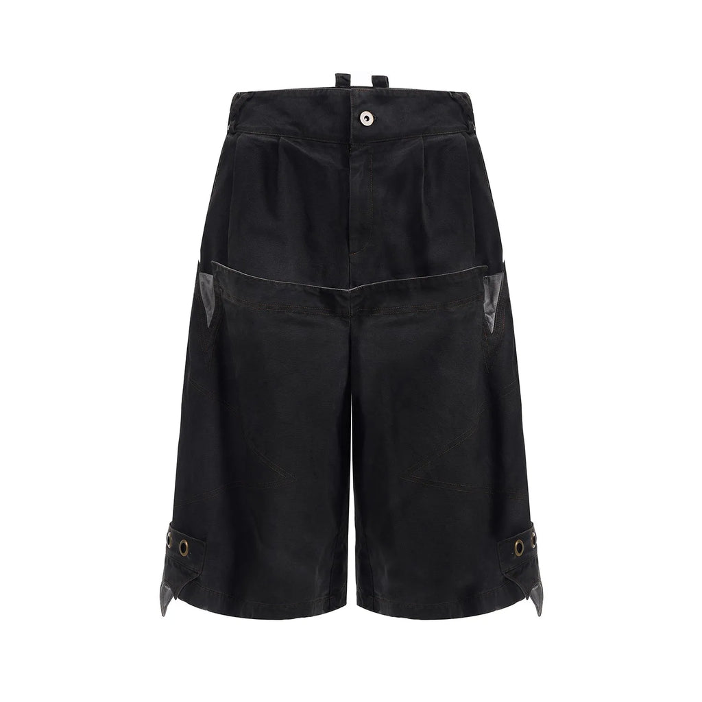 Men's black double waist cropped pants with washed stitching details and mid-high waist