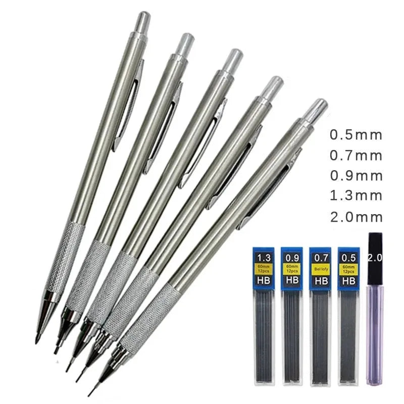 Metal automatic mechanical pencil showing lead size options from 0.3mm to 3.0mm for writing and drafting