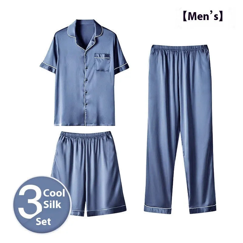 Men's ice silk three-piece home wear set in thin fabric showing top, shorts, and trousers.