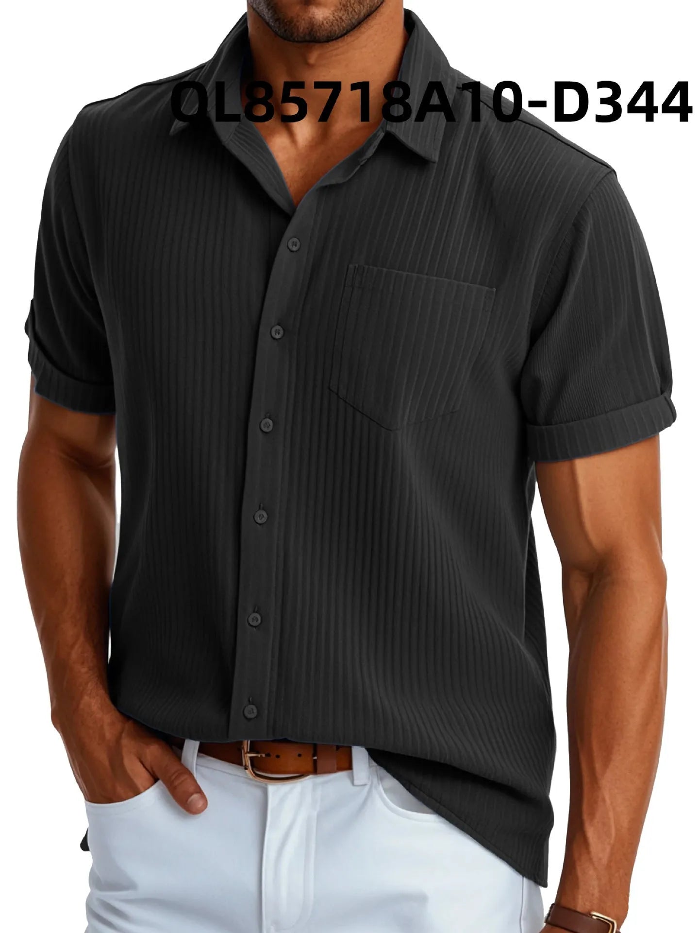 Men's loose fit casual short sleeve shirt with lapel collar and printed line design.