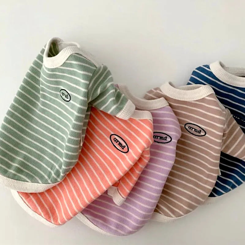 Simple striped printed small pet dog clothes in blue offered in sizes XS to XL for small breed dogs