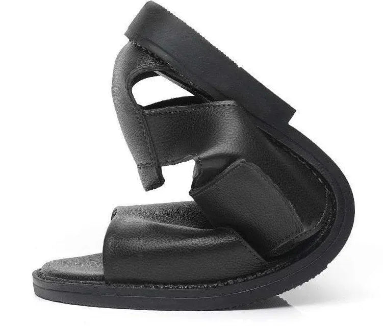 Men's black casual leather sandals with open toe design and rubber sole