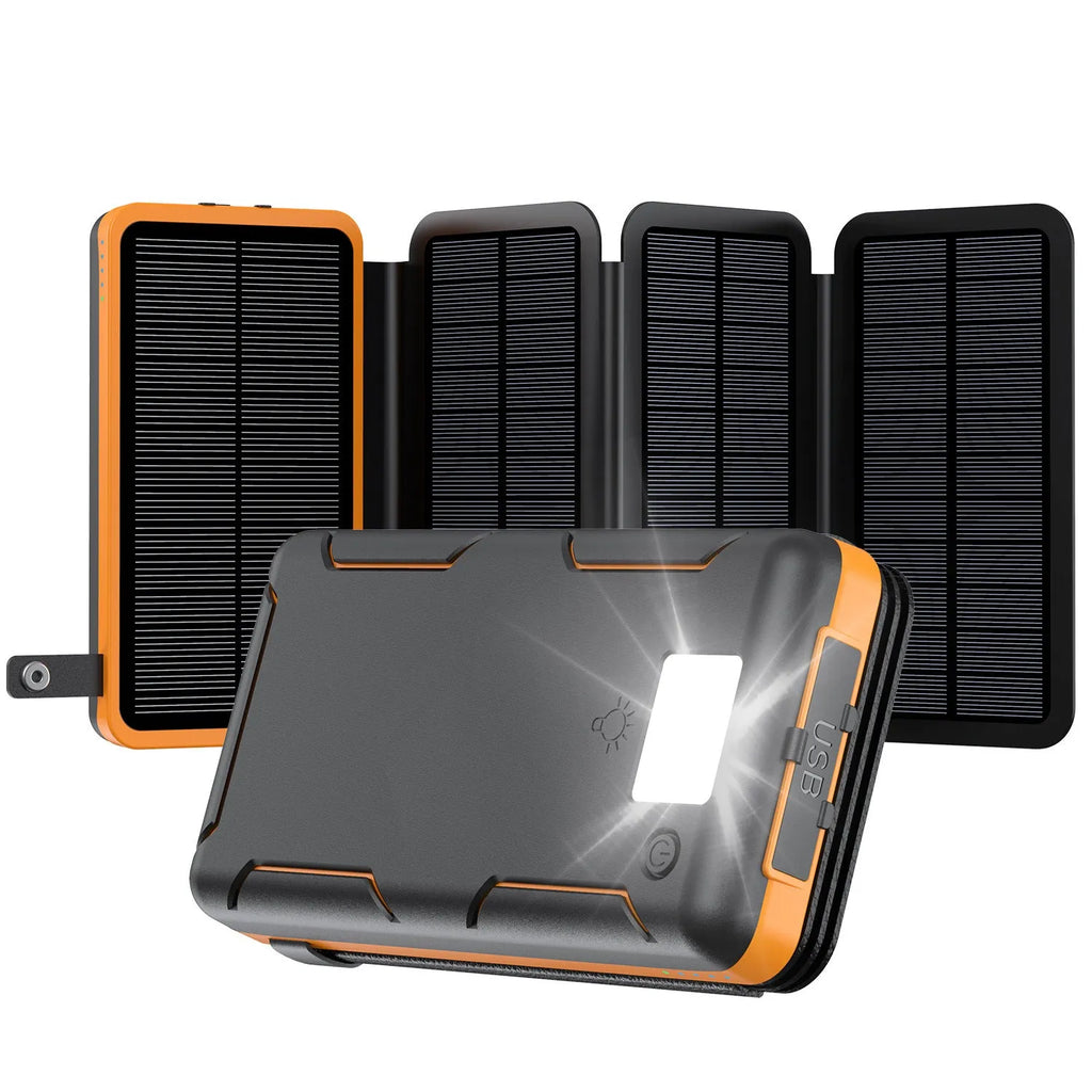 25000 mAh solar power bank in plastic shell industrial style blue colour option front view