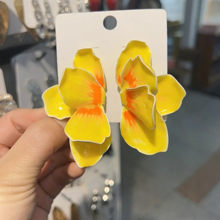 Pastoral style alloy floral stud earrings with oil-spot glaze finish in four colour options
