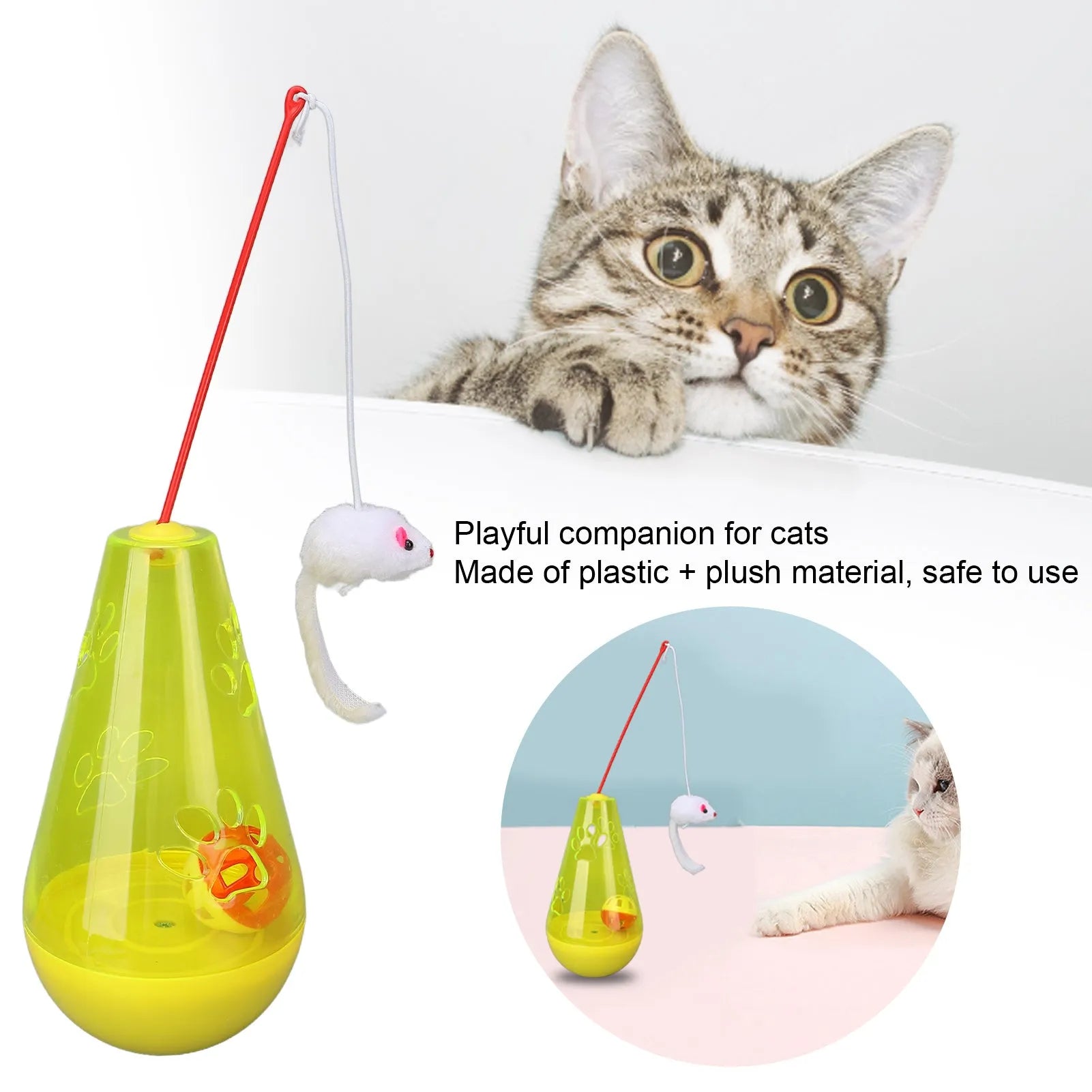 Blue and yellow cat toy with bell ball, plush mouse stick and snack dispenser