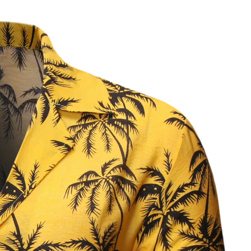 Men's loose lapel print top in light blue, long sleeve polyester casual shirt