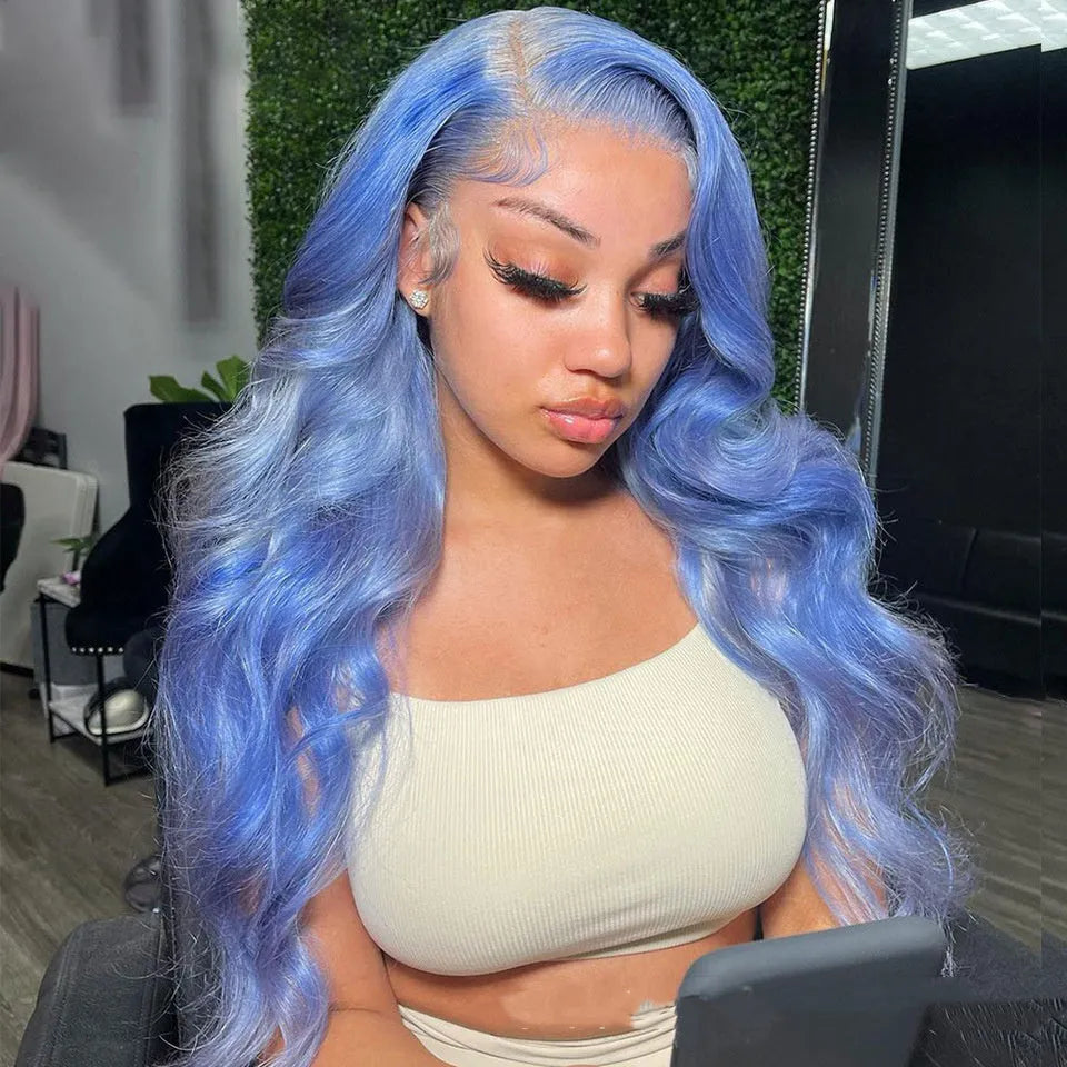 Body wave human hair lace front wig with natural hairline on display stand