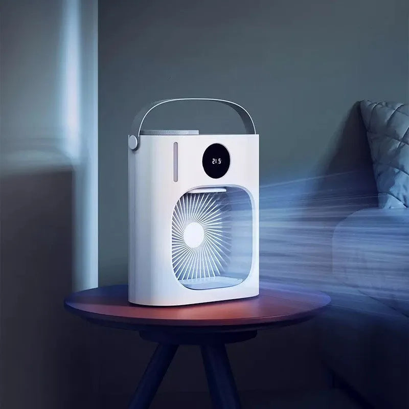 White USB refrigeration air conditioner household fan, 276 x 229 x 148mm, brushless motor, timing screen display.