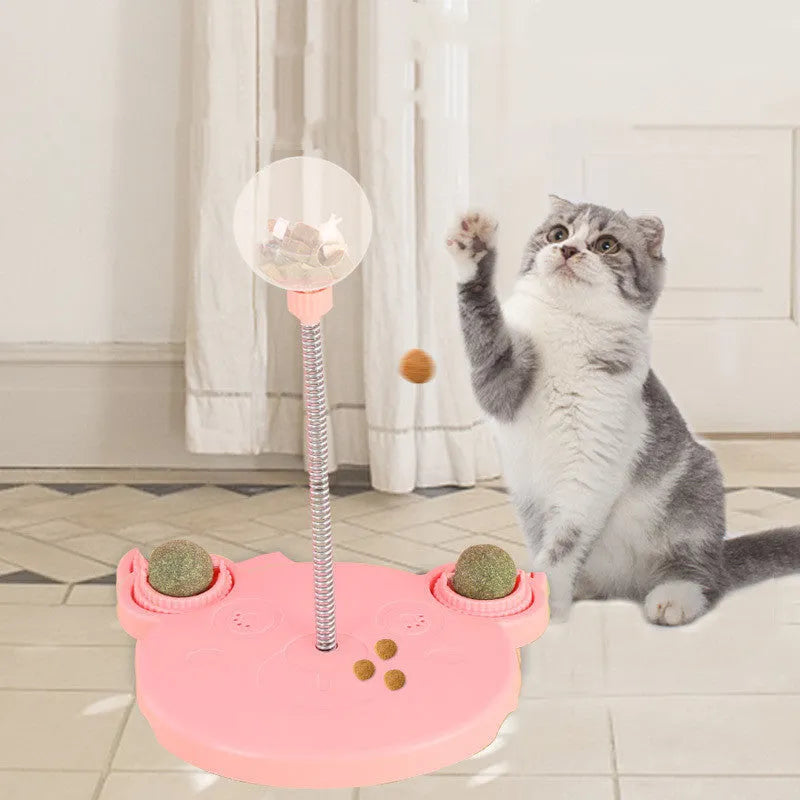Plastic pet feeder toy with leaking food ball, swing tumbler body, suction cup base, Blue or Pink