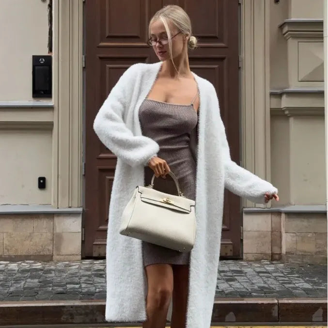 White longline loose fit knitted cardigan jacket for women
