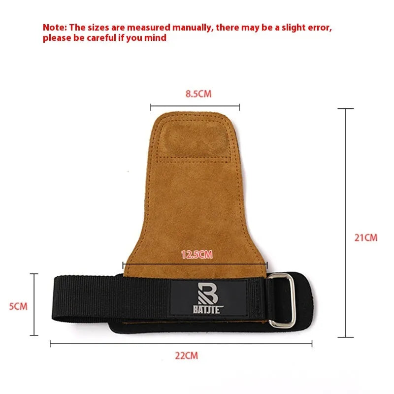 A pair of brown grip strength wrist bands for pull-up and fitness hand protection.