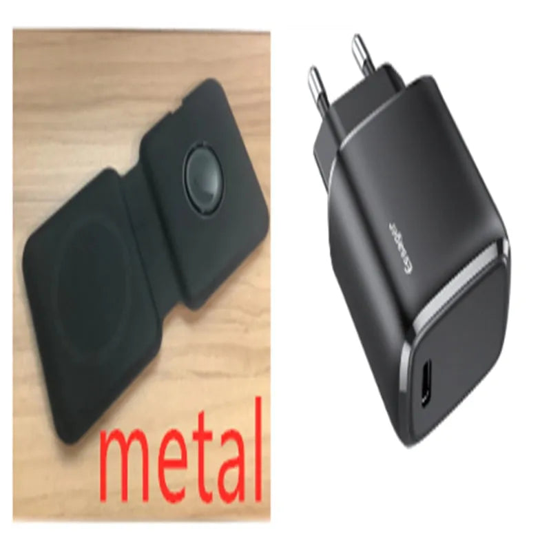 White foldable magnetic wireless charging dock showing dual-device support and adjustable angle.
