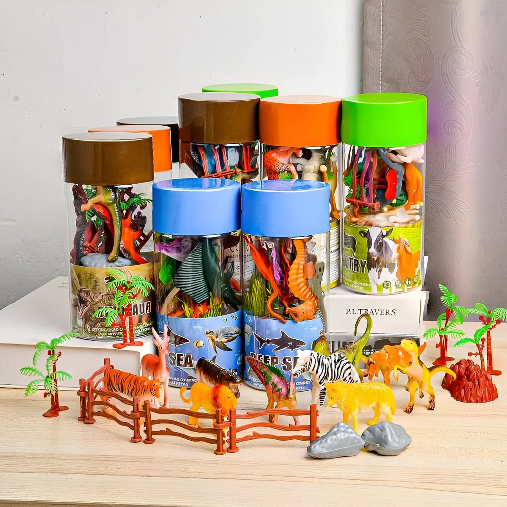 Children's plastic animal model toy set for ages 4-6 in a cylinder, with dinosaur, farm, marine, pet dog and wildlife options