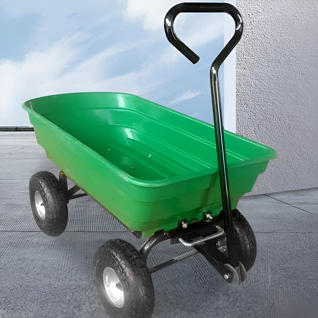 Green four-wheel plastic dump truck with a steel frame and tipping bed for garden and farm use.
