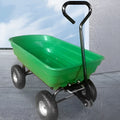 Green four-wheel plastic dump truck with a steel frame and tipping bed for garden and farm use.