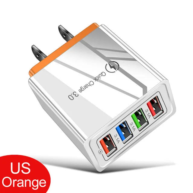Intelligent 3A mobile phone charging head with luminous indicators showing four USB ports