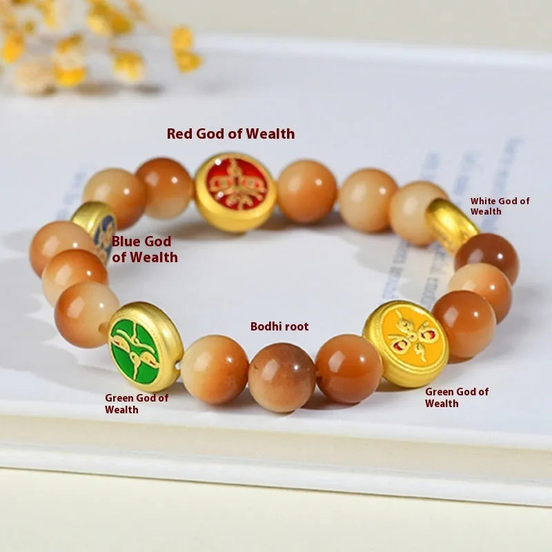 Yellow bodhi seed bracelet with five directions geometric pattern, adjustable 14-17 inches
