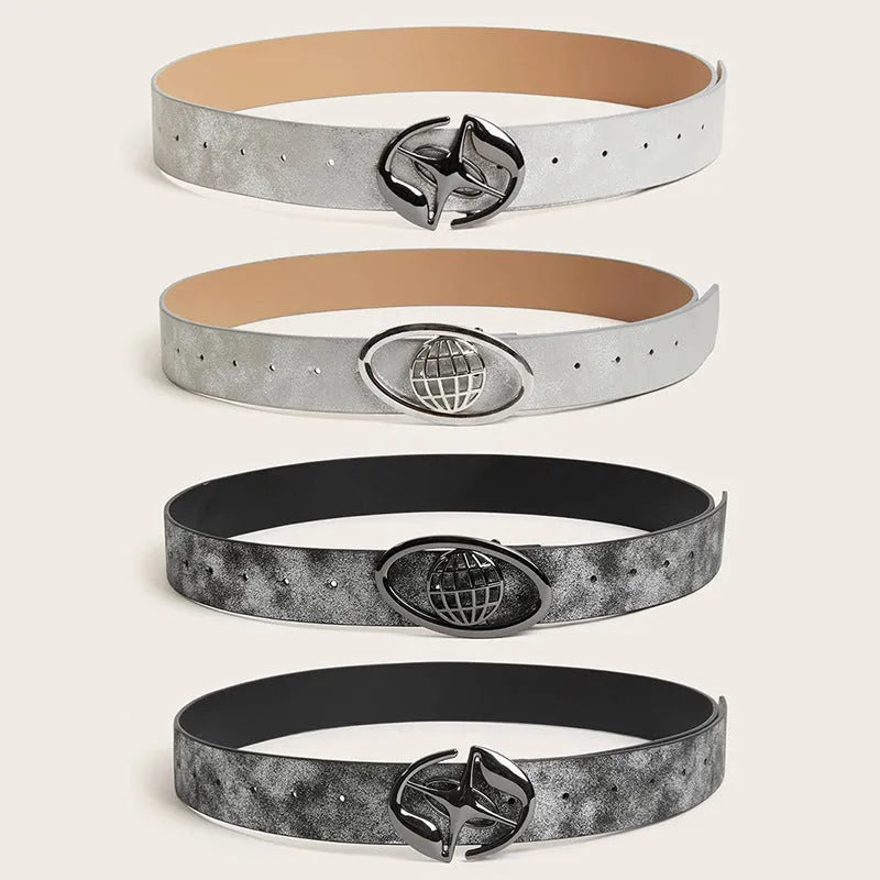 Retro women's belt with an oval alloy buckle on a thick earth-tone PU leather strap.