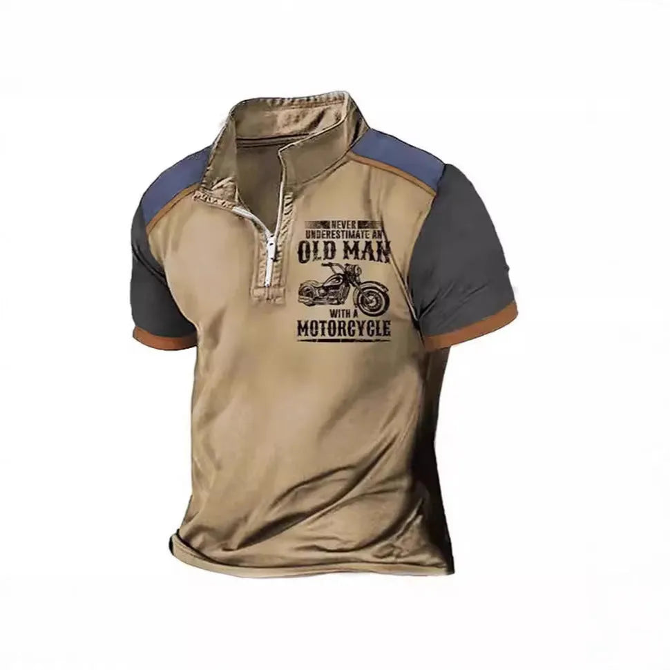 Men's casual short sleeve polo shirt with lapel, digital letter printing, and zipper decoration details.