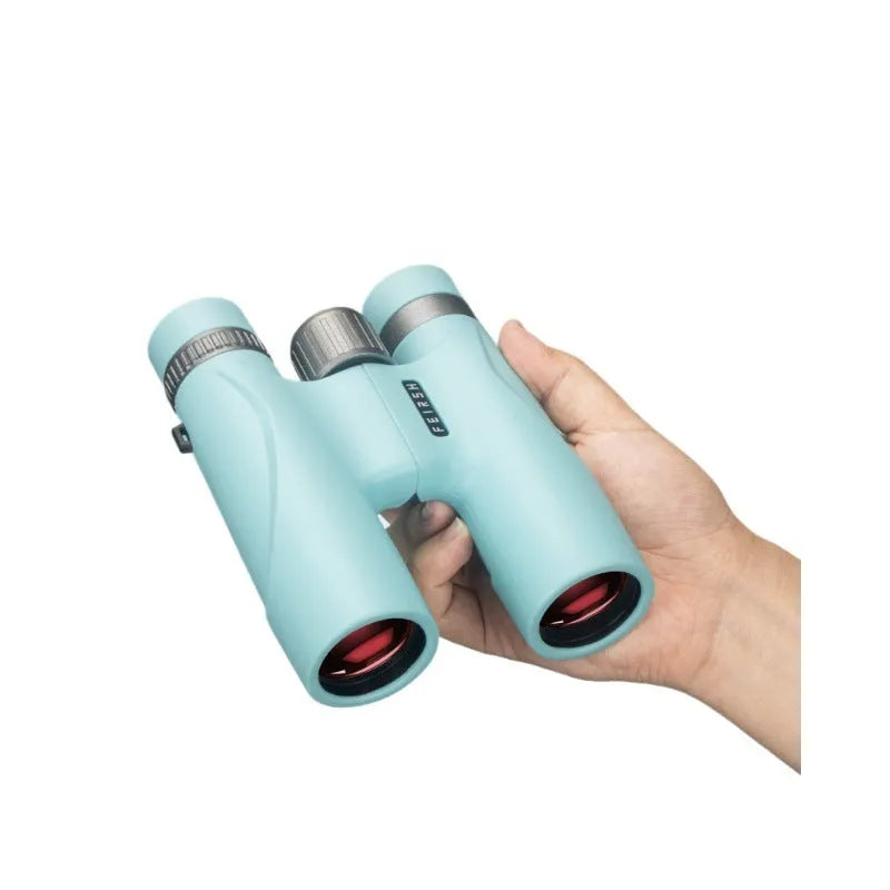 10x32 blue binoculars with wine red lenses showing 112mm height measurement