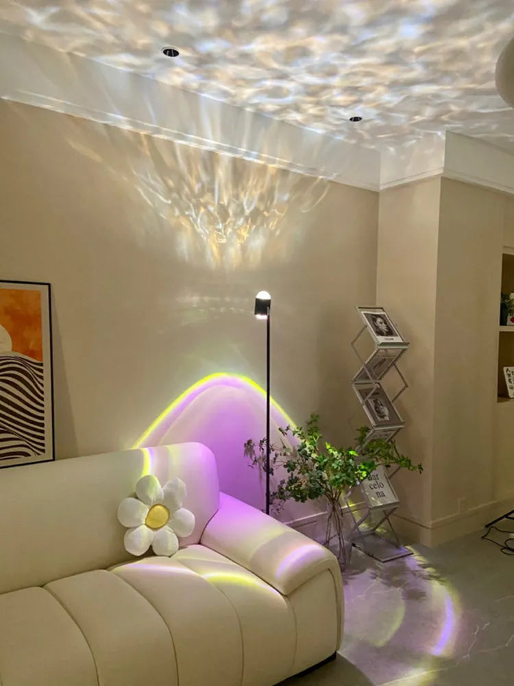 Modern sunset red floor lamp projecting a water wave light pattern on a wall, with four colour cards shown alongside.