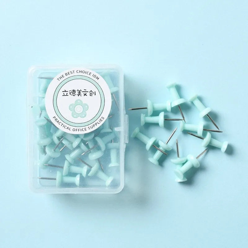Plastic push pins in cherry blossom pink, mint green, and lavender colours, showing both large and small sizes on a white surface
