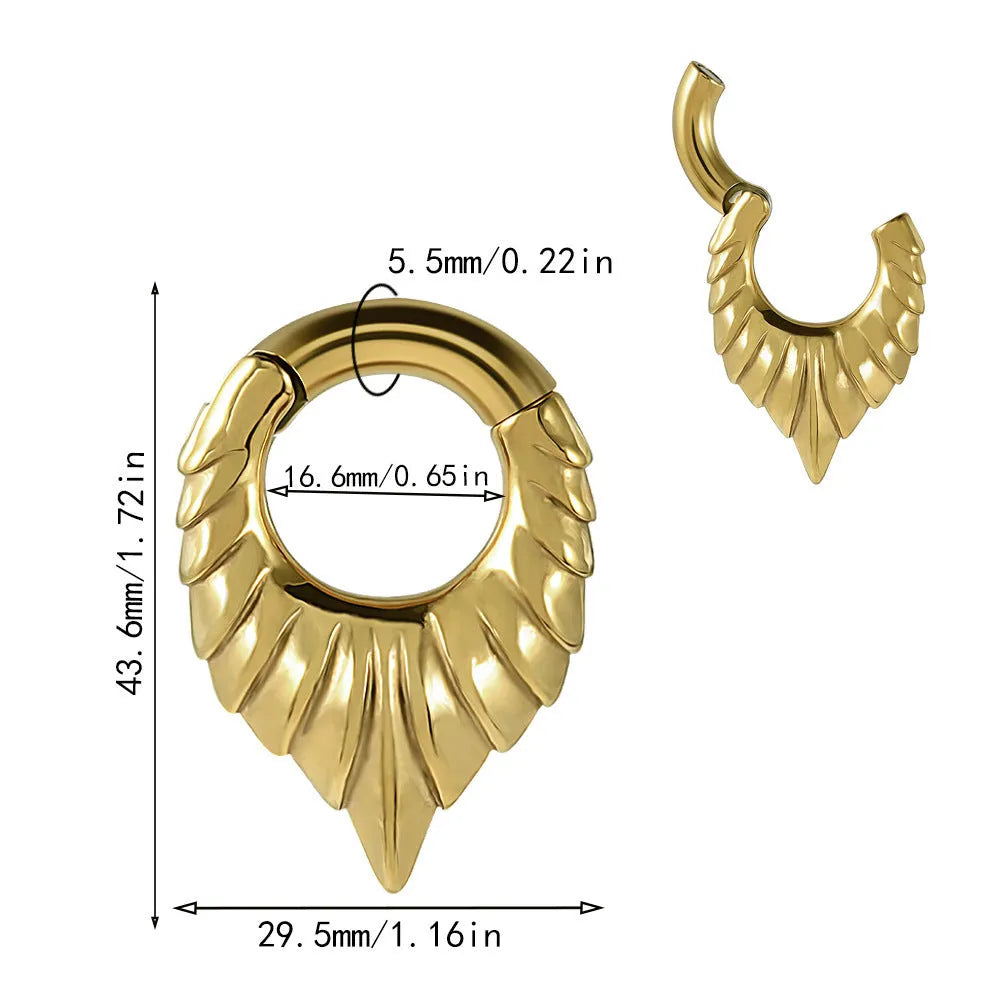 A stainless steel drop-shaped ear extender with totem detailing, shown on a plain background.