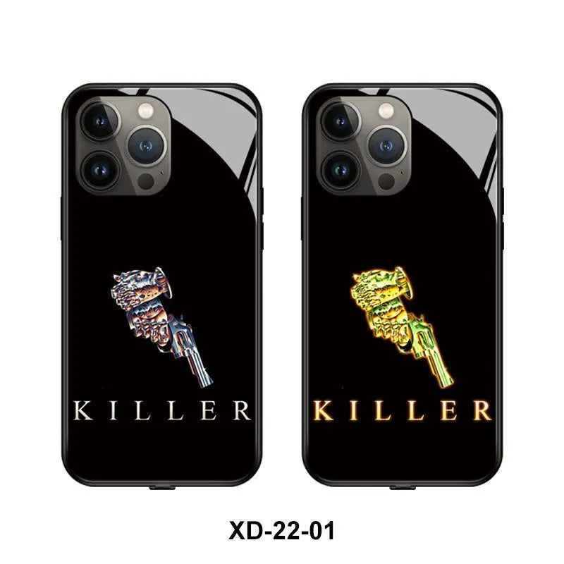Smart luminous protective case for iPhone with Technology Bear graphic design, made from TPU and tempered glass.