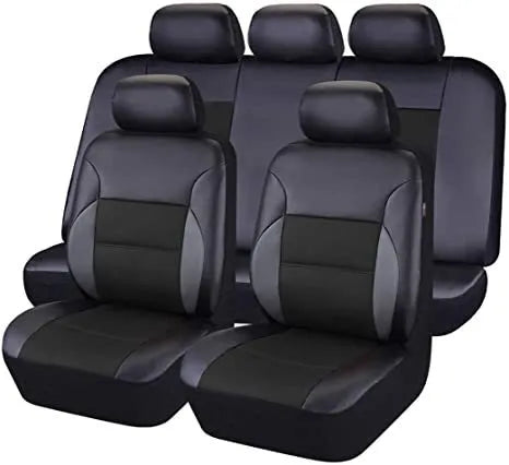Set of black artificial leather car seat covers for front and back seats, shown with installation hooks.