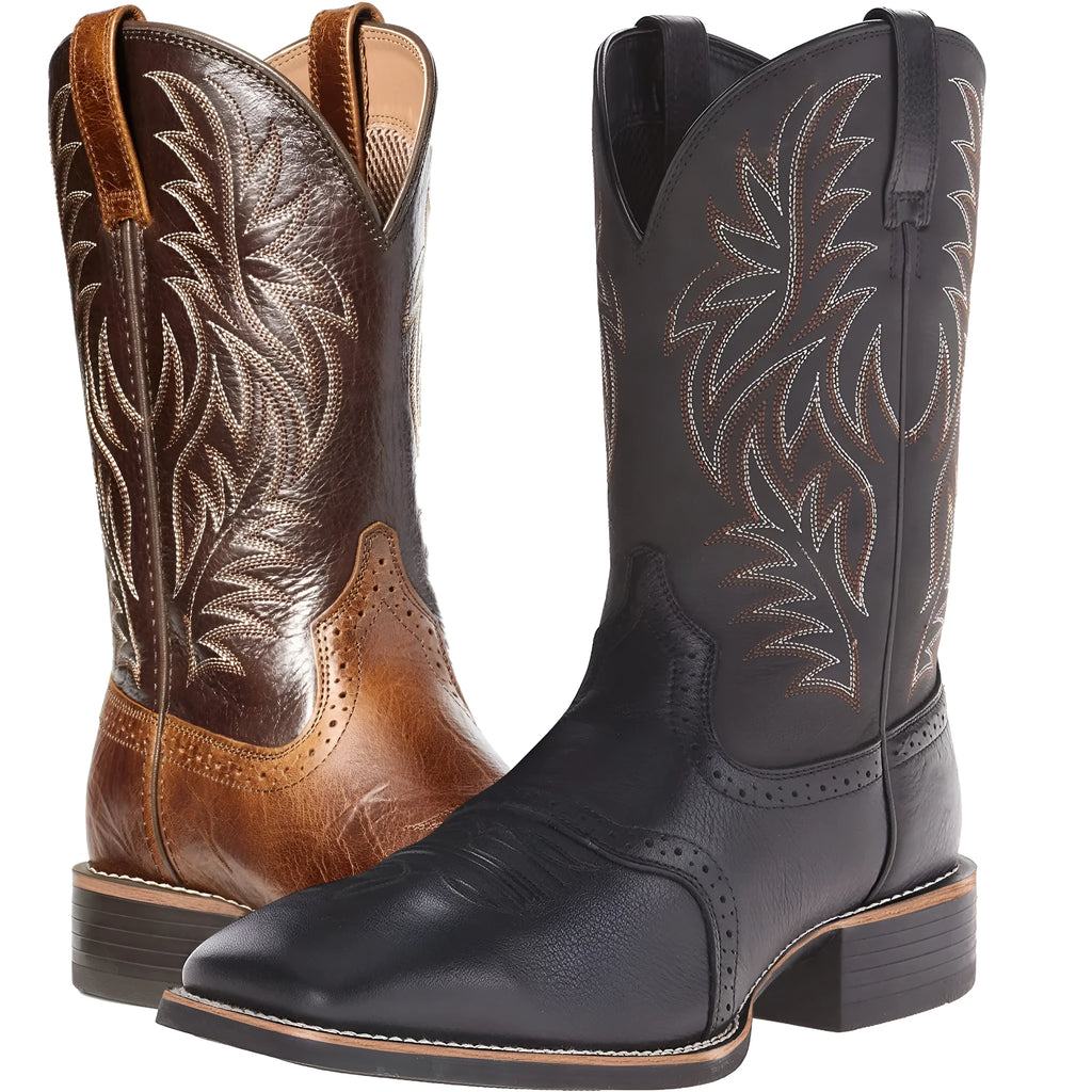 Black western cowboy boots with intricate ethnic embroidery stitching and a wide square toe.