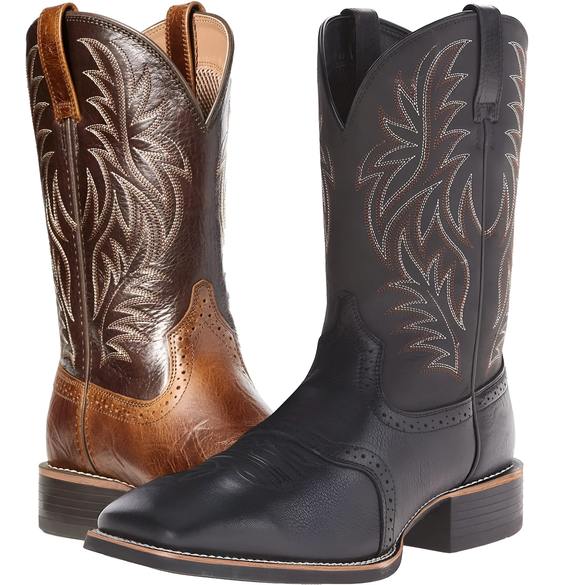 Black western cowboy boots with intricate ethnic embroidery stitching and a wide square toe.