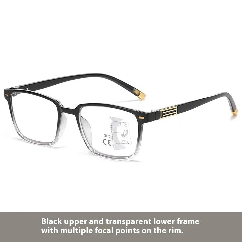 Multifocal anti-blue light reading glasses with colour-changing lenses in a black and silver frame style.