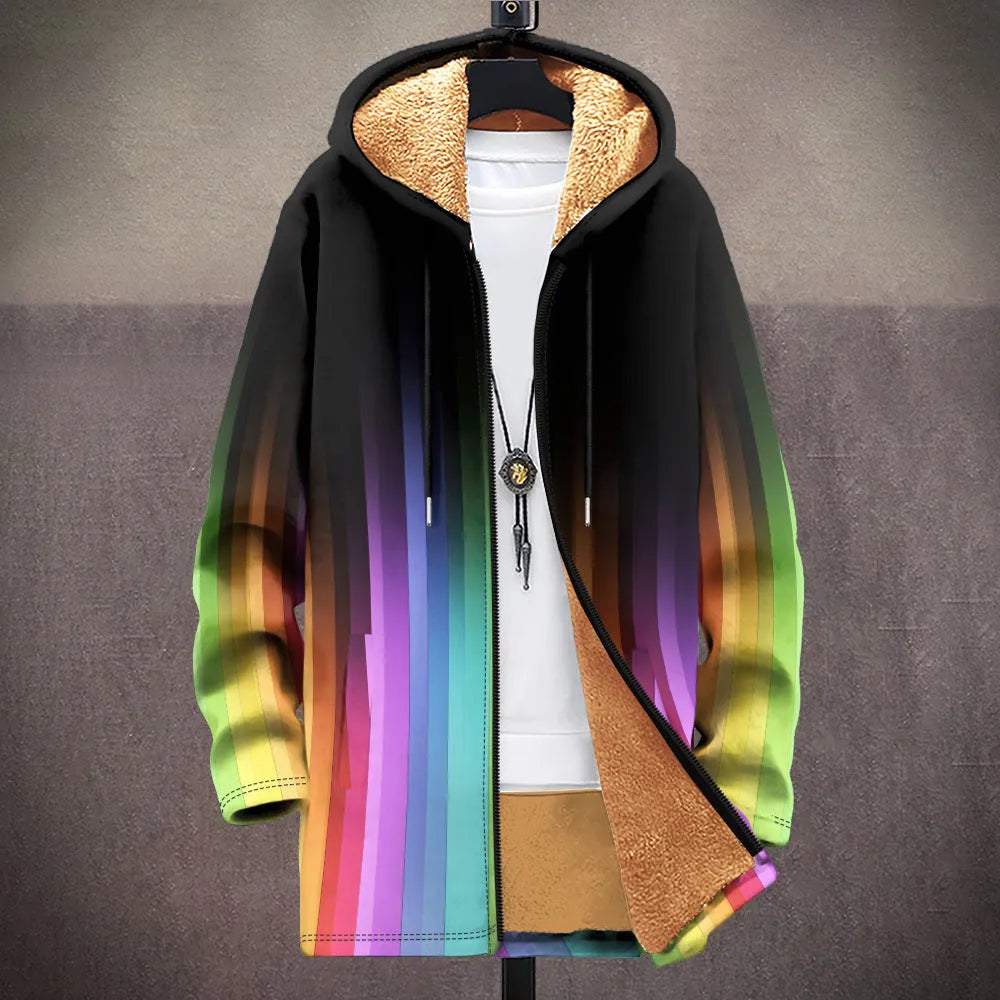 Man wearing a multicolour digitally printed hooded cardigan with a front zipper in a loose fit.