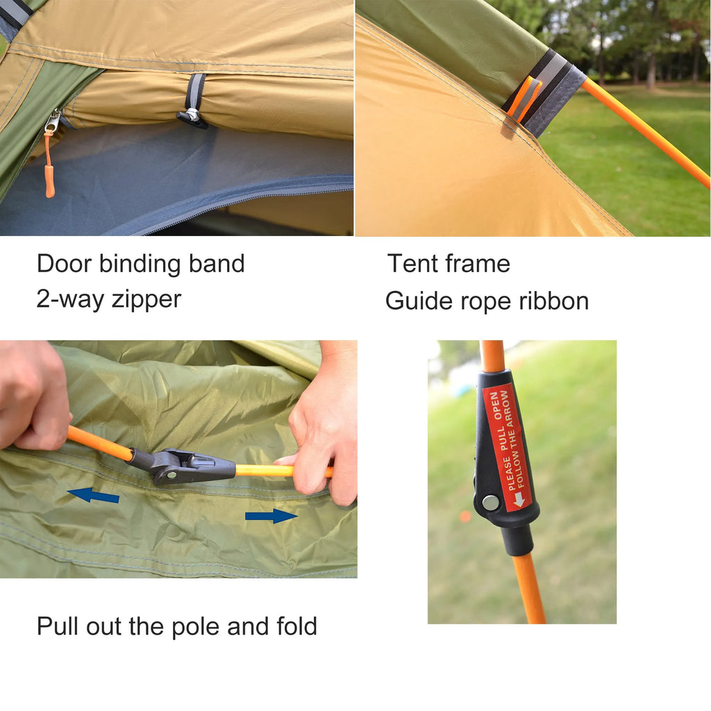 Khaki fully automatic hexagonal camping tent for 5-8 people with rain cover and two entry gates set up outdoors
