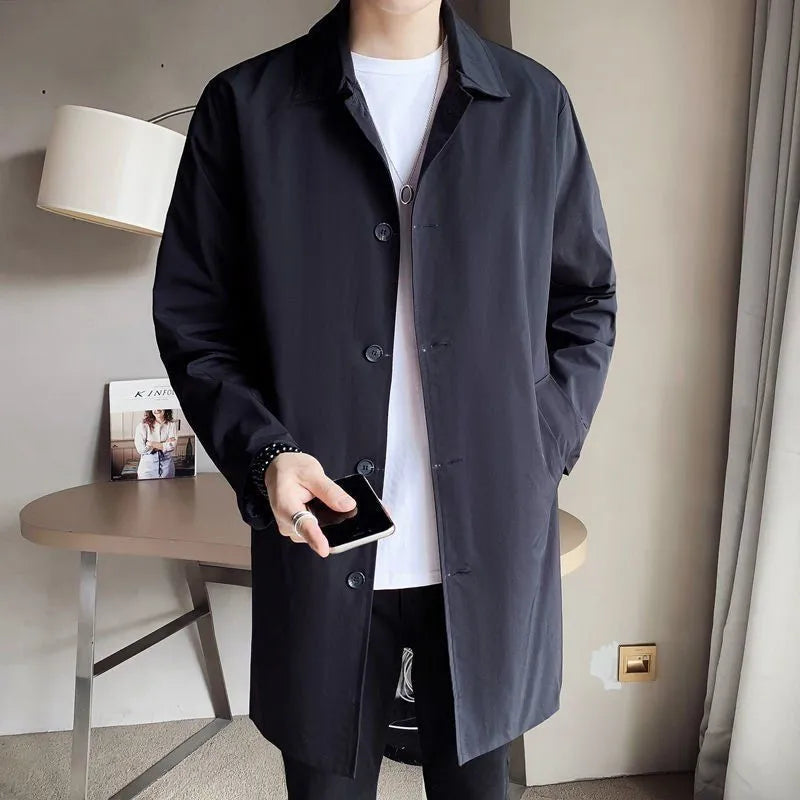Men's khaki loose fit mid-length trench coat made from rabbit fur fabric