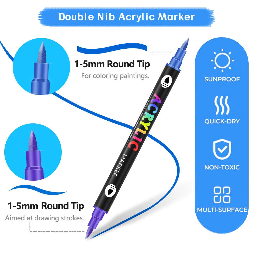Set of double-ended washable acrylic marker pens with quick-drying opaque ink in various colours