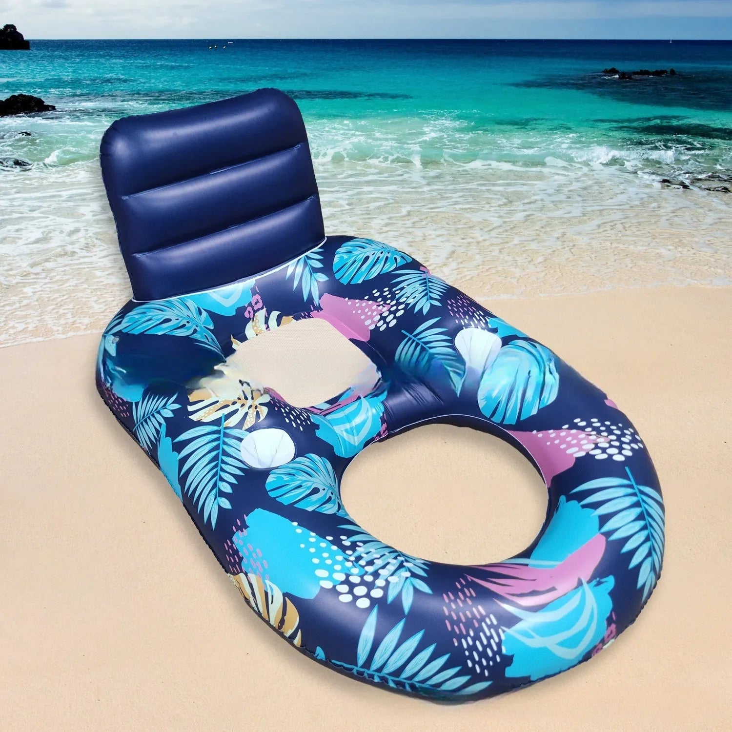 White luminous inflatable floating bed with backrest in swimming pool