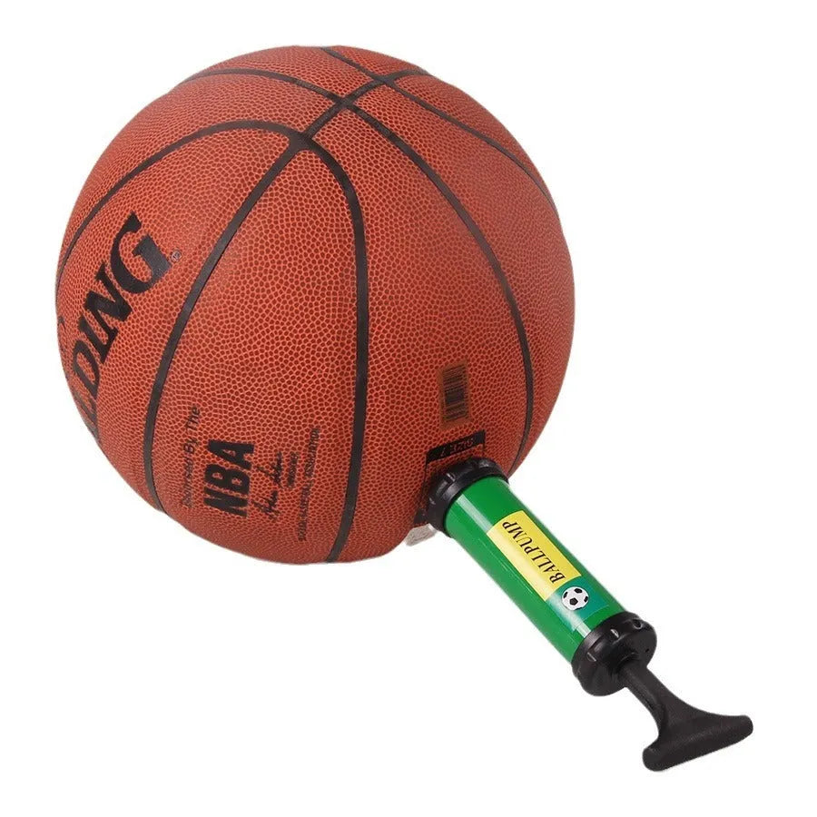 A manual plastic pump for inflating balloons and sports balls, shown in mixed colours.