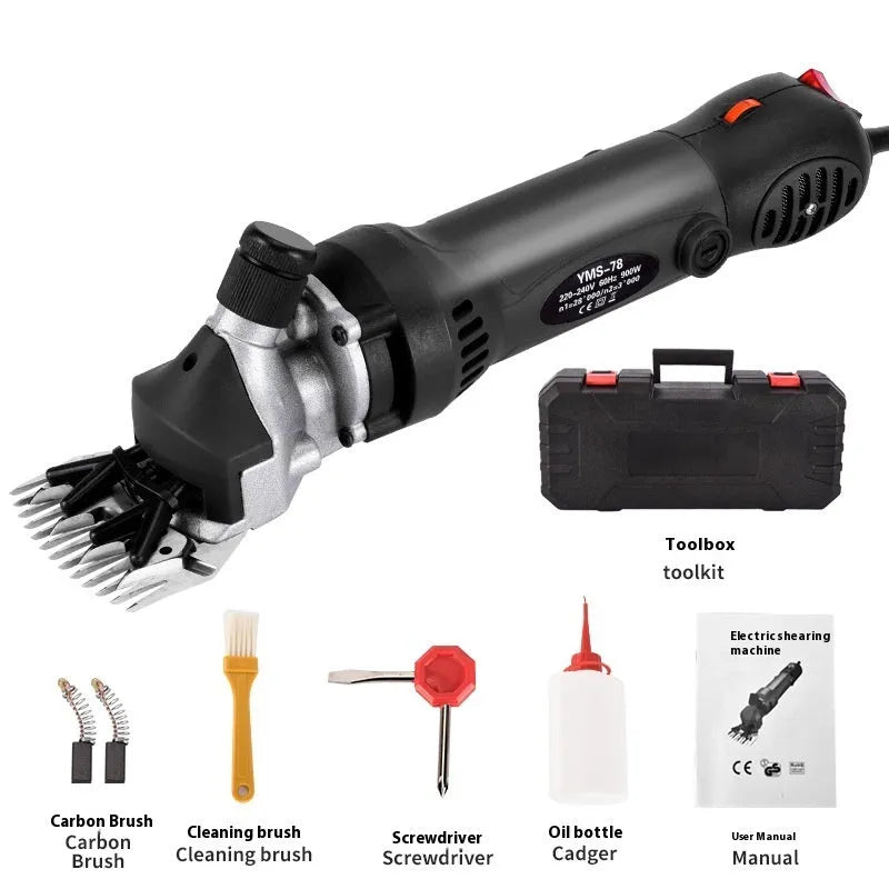 Yellow electric wool shearing machine with 13-tooth blade, maintenance tools, and plastic storage box